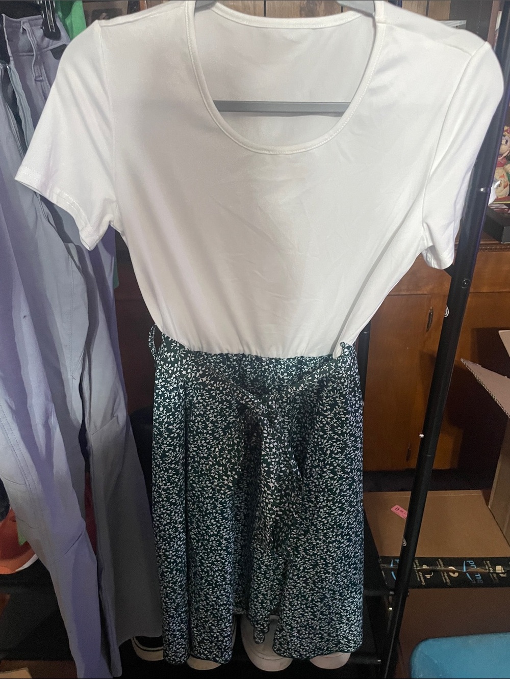 White Scoop Neck Top with Green Floral Skirt Dress